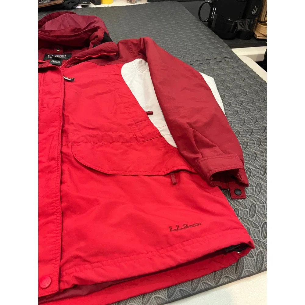 LL Bean Parka Jacket Womens L Red Colorblock Hooded Nylon Outdoor 0WV87